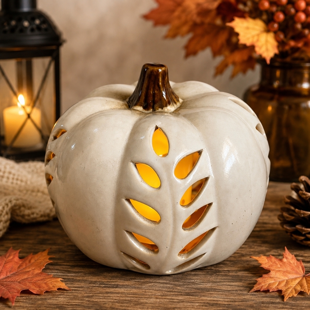 Gray Ceramic LED Light Up Pumpkin Lantern Leaf Cutout Fall Halloween Decor 9x6.5